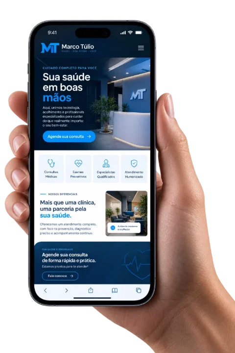 Celular na mão mostrando um site respondendo bem em tela pequena, com botão de agendamento grande e menu fácil de alcançar com o polegar